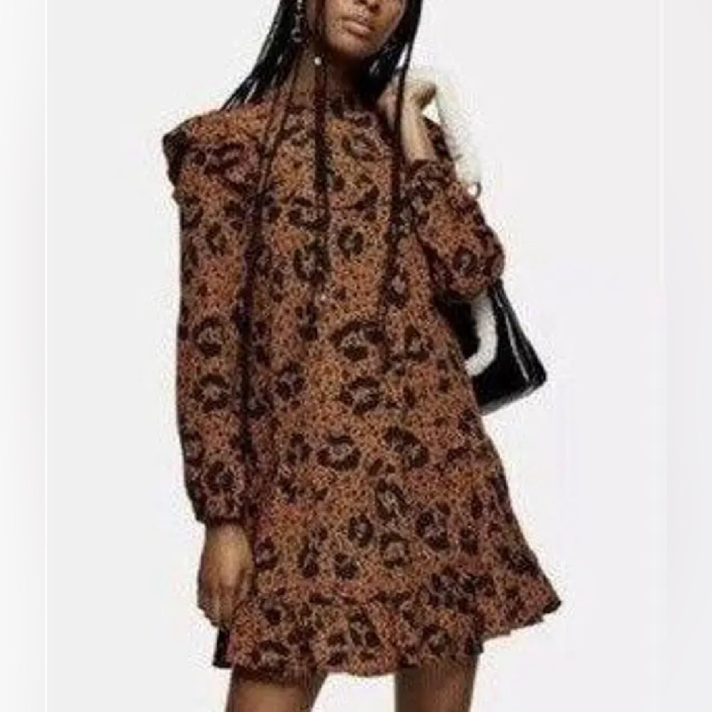 Topshop Mustard Ruffle Yoke Long Sleeve Floral Brown Mini Shift Dress Women’s‎ 2